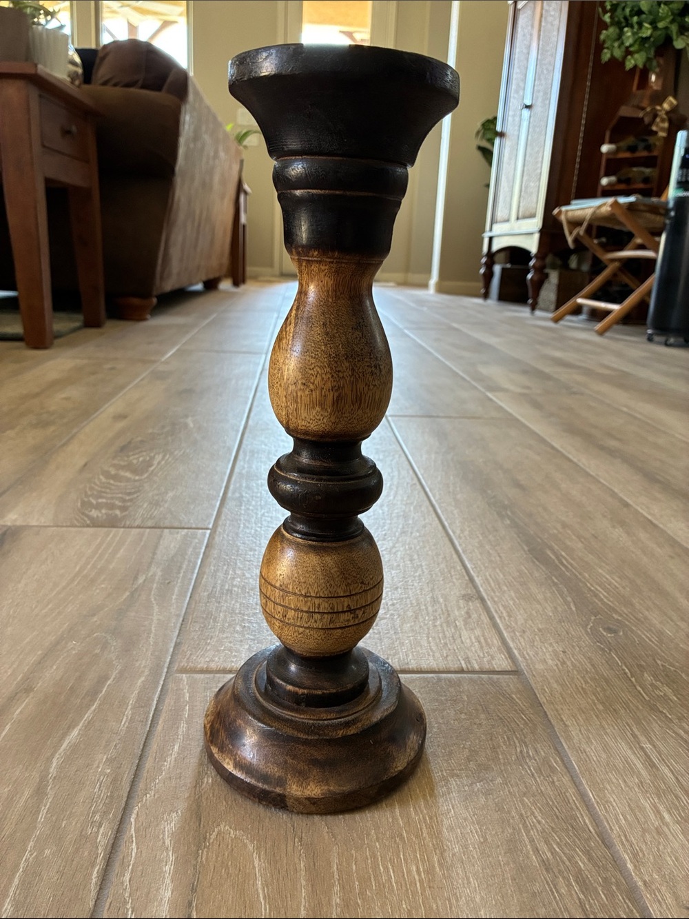 Hand-Turned Wooden Candle Holder - Brown/Black